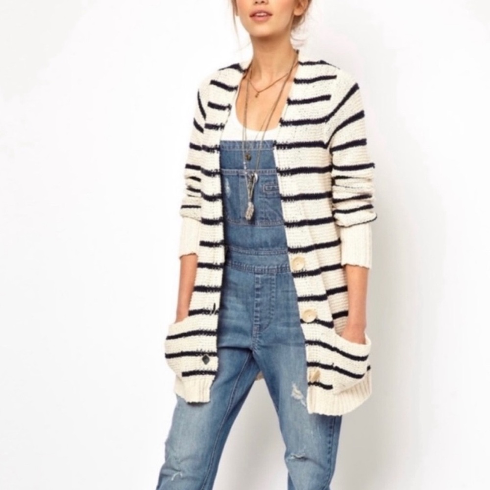 Striped Open-Front Cardigan Sweater - Cream & Black